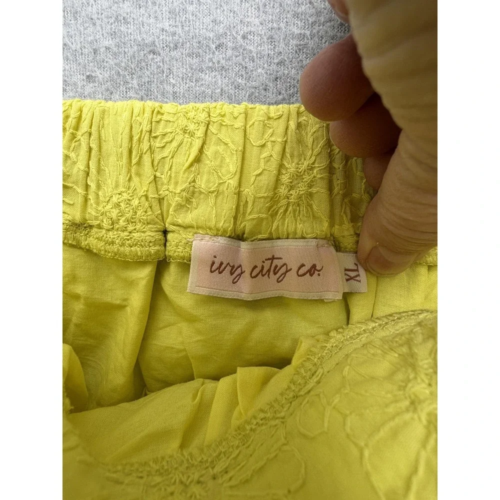 Ivy City Co Womens‎ 1X Yellow Floral Embroidered 2 Piece Skirt Set Puff Sleeve